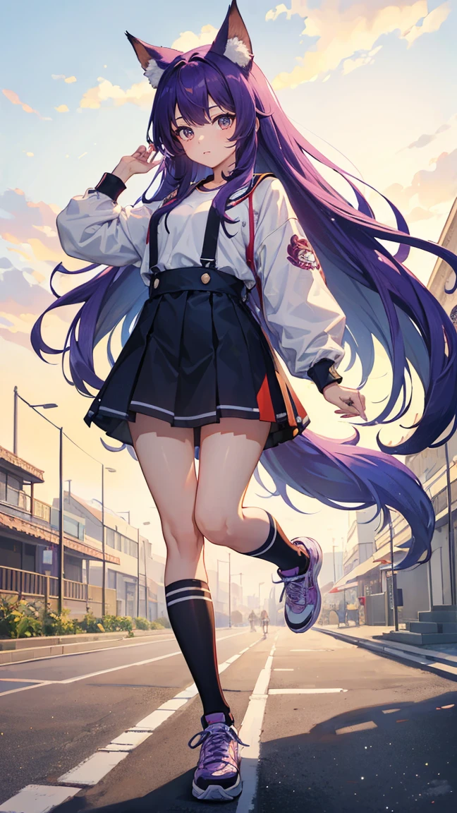 (Masterpiece, Top Quality, Best Quality, Official Art, Beauty and Aesthetics: 1.2), (1 Girl: 1.3), (Fractal Art: 1.3), Solo, Athena 97, Seated, crossed legs, beautiful legs, purple eyes, purple hair, long hair, earrings, red headbands, star hair accessories, red shoes, (white socks: 1.3), medium braid, red convertible, white turtleneck sweater, white fluffy sleeves, short sleeves, red pleated skirt, crimson pantyhose, yellow belt, Spherical necklace, (outdoor), sunlight, cosplay photo, (cinmatic:0.4), street simple background with hands behind the head