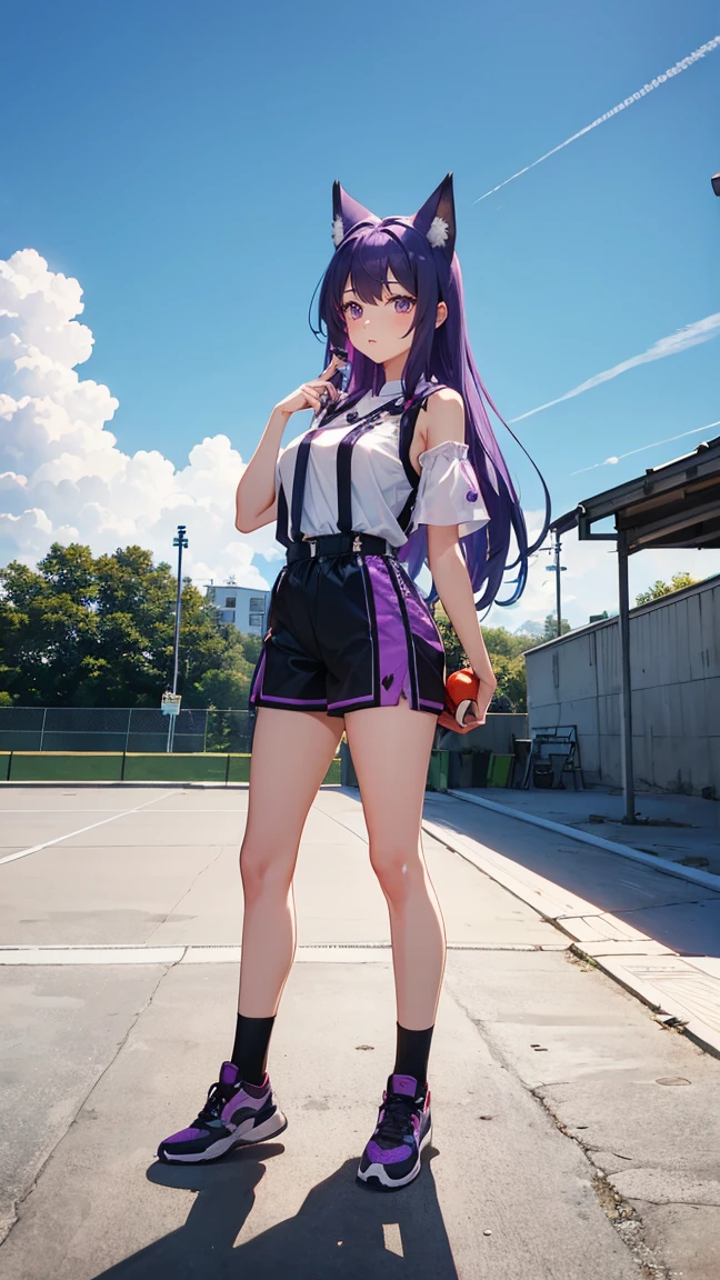 (Highest quality), (masterpiece), 1 Girl,Purple Hair,long hair,Fox Ears,Adult women,彼女はrunningしながらジャンプしている,running,Outdoor Basketball Court, She is wearing a suspender top, Fair skin, sunny, Full body photo,(Bright Eyes), (Iris),Very detailed,(single), sweet, Open background,Simple Background