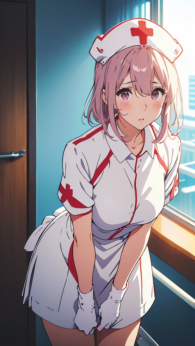 Girl1,Nurse,((wearing white, nurse cap,white legs, Zetai Ryuki)), white gloves, bending forward, evil smile, blush, standing, ((hospital room)), short sleeves,Eyes droop,Sharp outline,super detail,high quality,high details,best quality,1080P