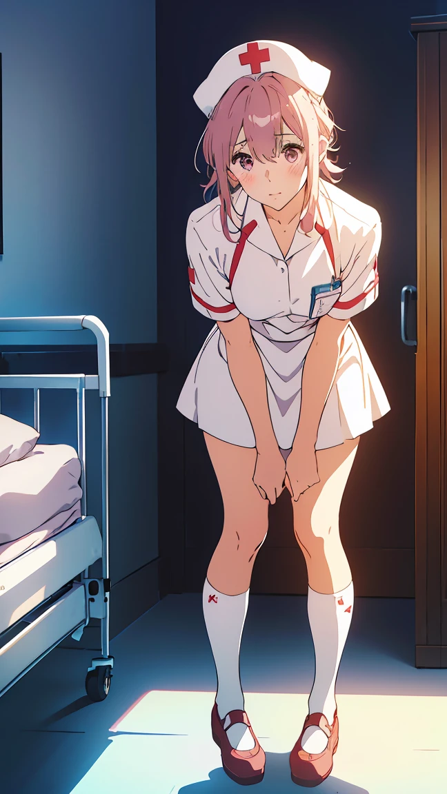 Girl 1,nurse,((Wear White, Nurse cap,White legs, Zetai Ryuki)), White gloves, Leaning forward, blush, Are standing, ((Hospital room)), Short sleeve,drooping eyes,Sharp contours,Super detailed,high quality,Attention to detail,最high quality,1080P