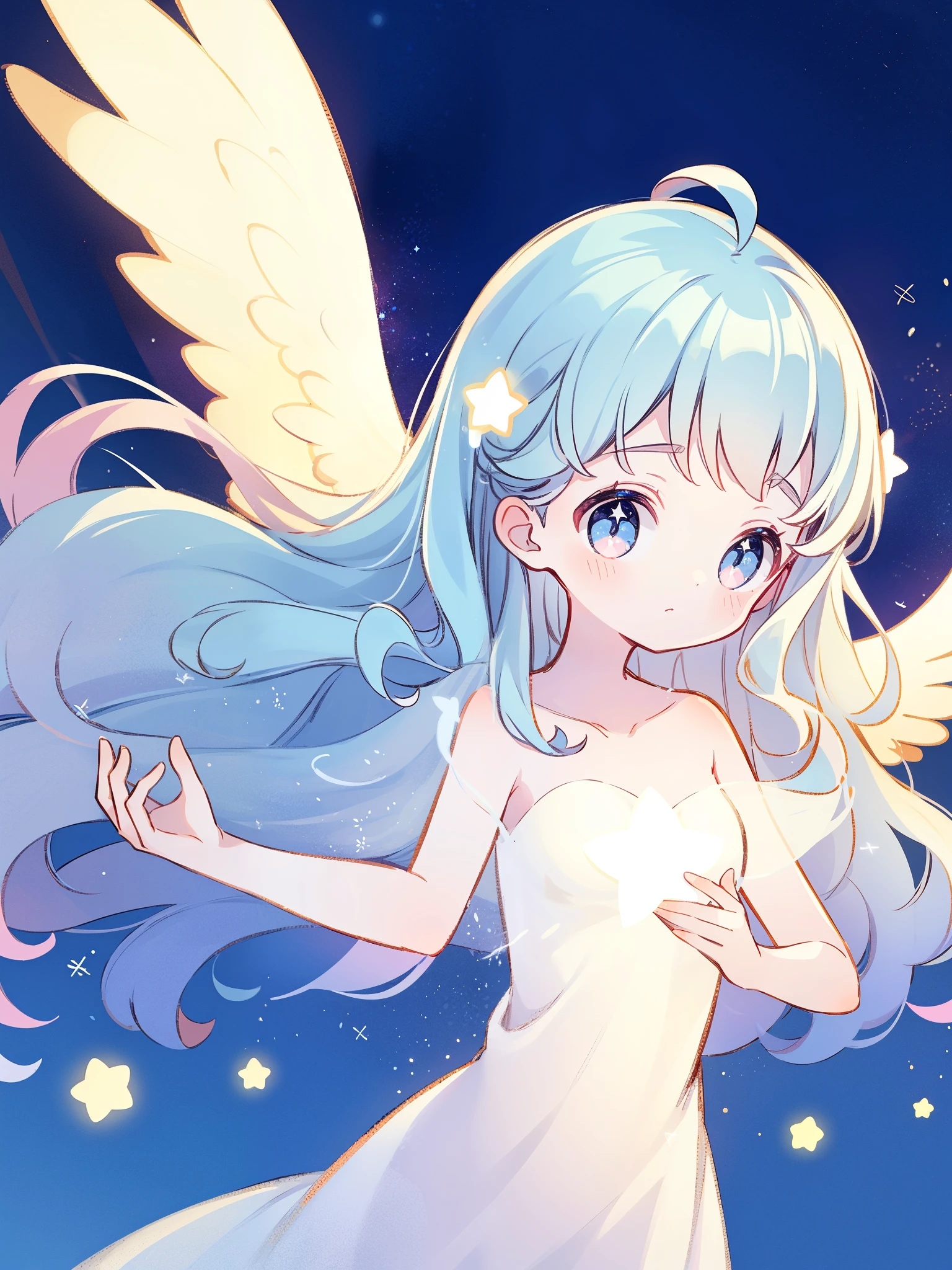 nude angel girl wearing an ethereal translucent dress, pale skin, ((wavy blue hair)), white feathers, angel wings, sparkling detailed eyes, golden ratio face, perfect composition, highly detailed, ethereal, (starry night sky background), midjourney style