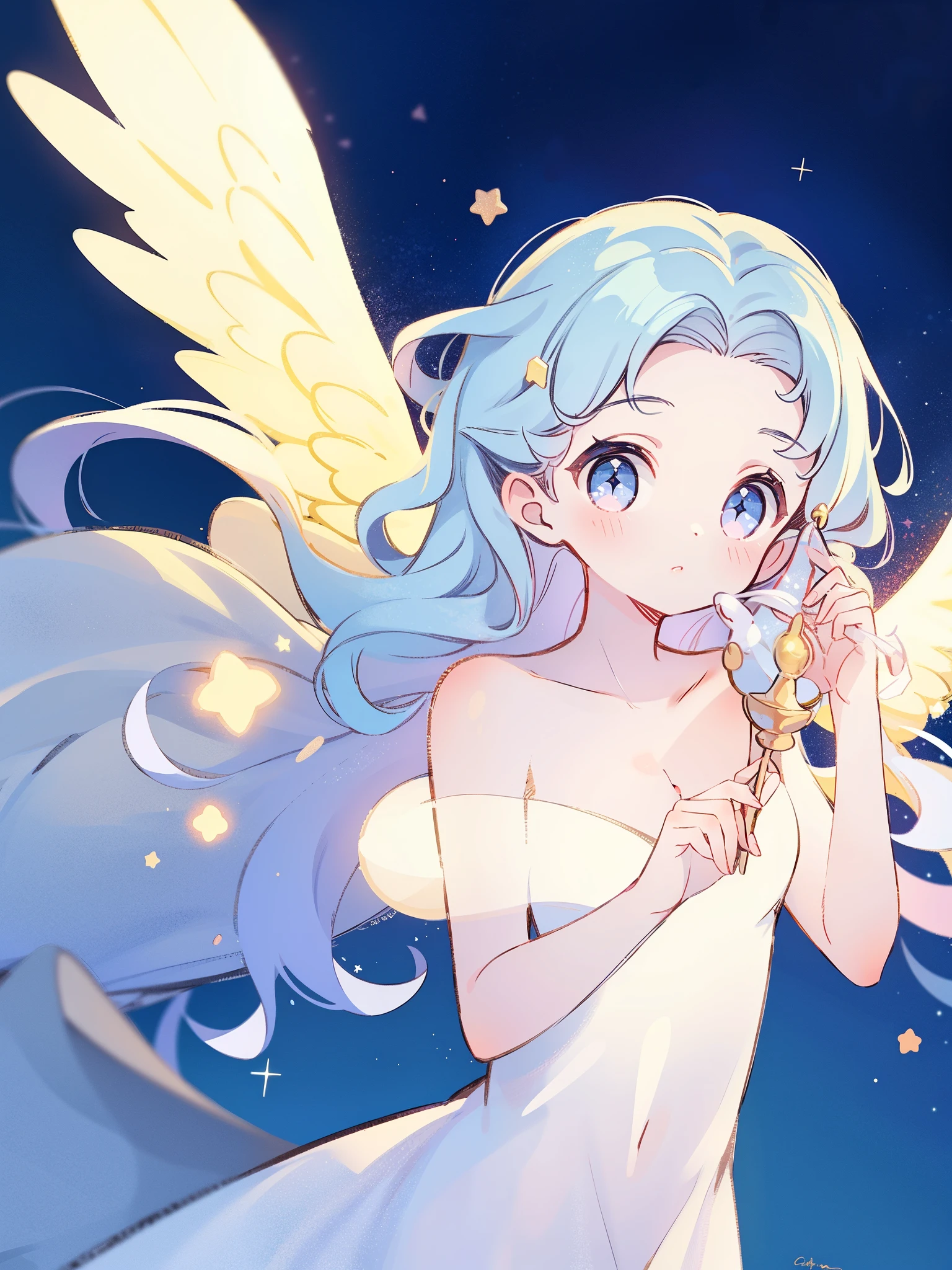 nude angel girl wearing an ethereal translucent dress, pale skin, ((wavy blue hair)), white feathers, angel wings, sparkling detailed eyes, golden ratio face, perfect composition, highly detailed, ethereal, (starry night sky background), midjourney style