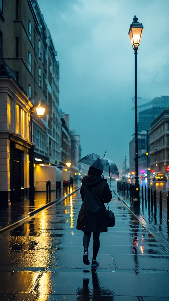A rain-soaked sidewalk Night view London