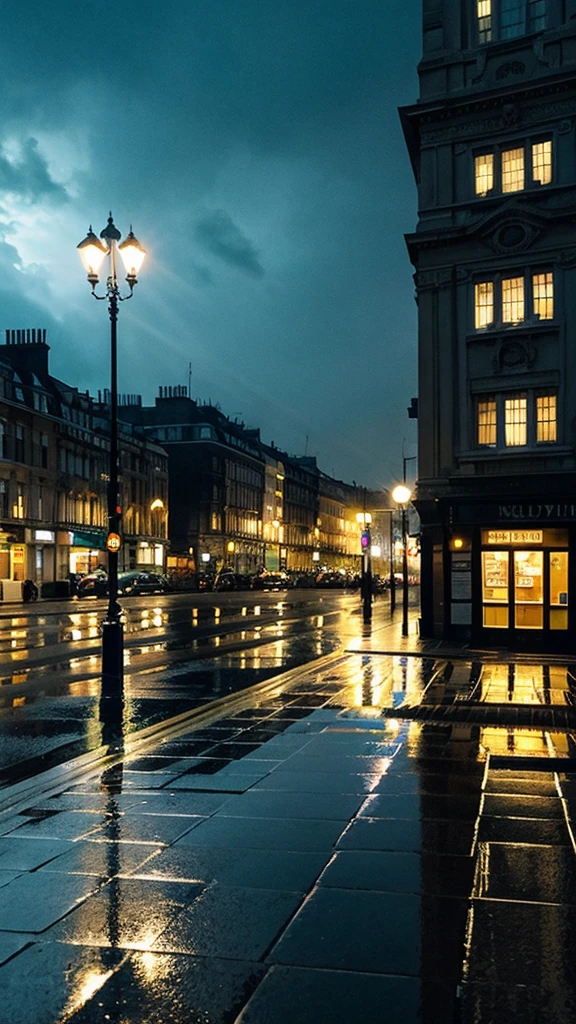 A rain-soaked sidewalk Night view London