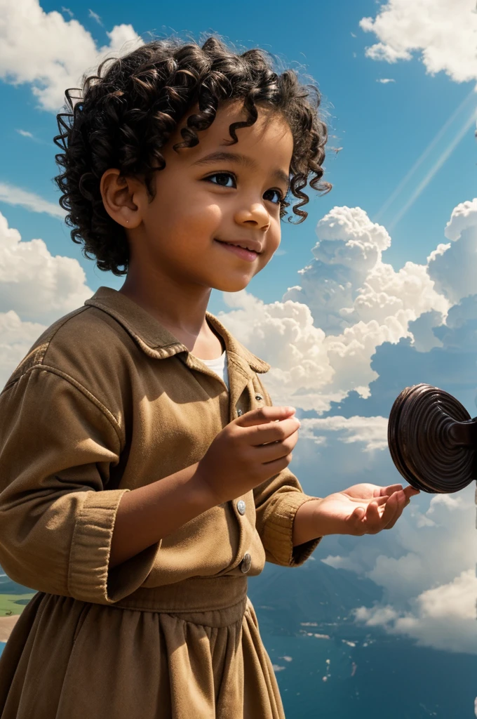 A 6--old l with light skin, dark brown eyes,  short wavy curl hair. In his hands he holds a shine. In the sky there is a castle floating on the clouds