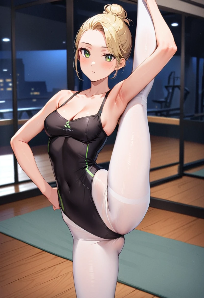 A woman, 21-years-old, solo, Caucasian, blonde hair tied back in a bun, no bangs, green eyes, black leotard, white pantyhose, standing_split, yoga studio, wooden floors, calm facial expression, serene, relaxed, peaceful, soft gaze, night, cleavage