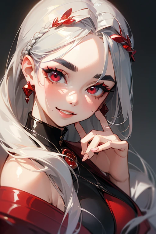 (Highest quality, masterpiece:1.2), High resolution, 最高masterpiece、Very detailed, Realistic:1.37, Fantasy, An illustration,Gray Hair、 Red eyes、Queen, bikini、Platinum decoration、beautifully、Eyeshadow Red、Thick eyebrows、Long eyelashes、pupils are black、shiny on the lips、Top Sites、Queen、Princess、ponytail、A kind smile、Show your teeth a little and smile、Soft impression、people々々々々々々々Loved by、Slimming the face、Shoulder Bare、sexy、learn more、Braiding、Kissing Face、Luxurious and beautiful hair ornament、
