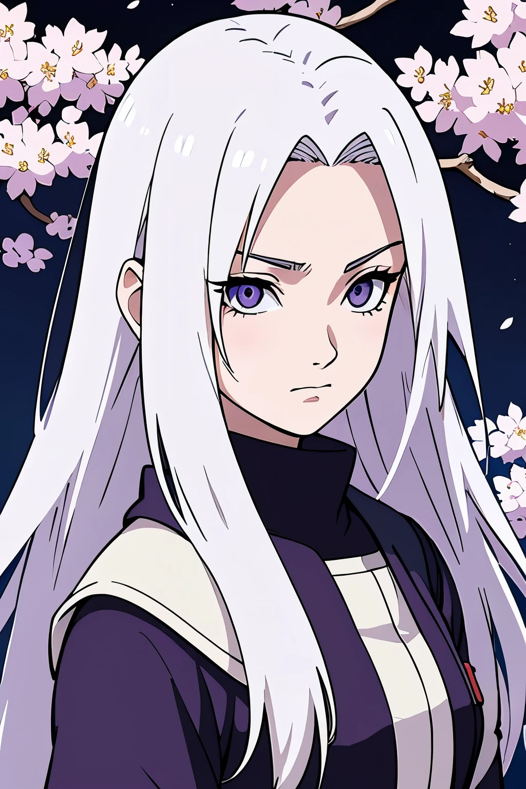 (high-quality, breathtaking),(expressive eyes, perfect face) portrait, Symmetrical Eyes, 1girl, solo, white hair, white coloured eyes, anime naruto art style, medium length hair, fluffy hair, feminine face, sky, moon, konohavillage, alleyway, naruto background, stars, cherry blossom trees, hyuga, Ōtsutsuki, naruto ninja attire, neutral expression, soft smile, purple and black clothing, white trim, long sleeves, white dress, hair between eyes, bare shoulders, jacket, night time
