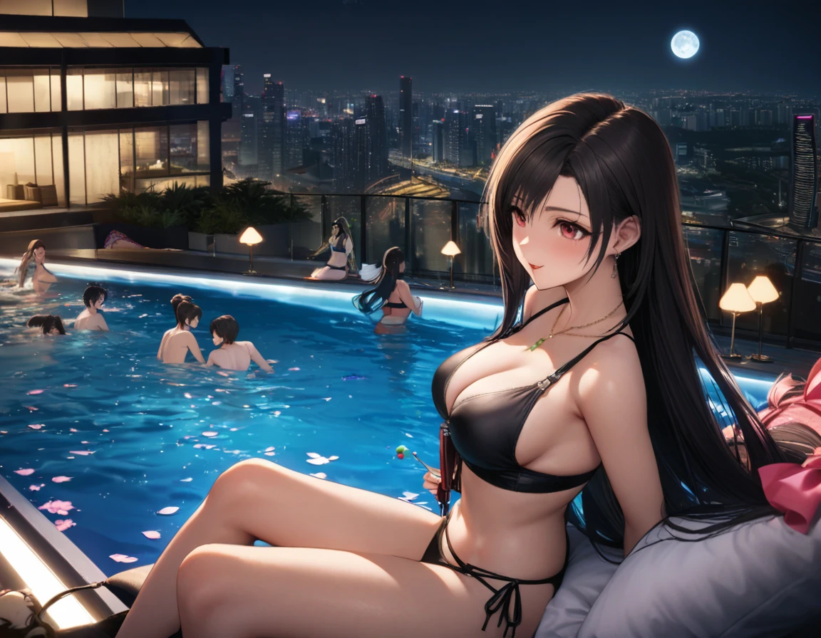 Highest quality, Super quality, 16K, Incredibly absurd, Very detailed, delicate and dynamic, SFW, Natural light, Fine particles reflect rainbow colors, Diffuse reflection of light, Vortex of Light, Many cherry blossom petals fall, roof top pool, Marina Bay Sands Singapore, night, moon, 水面にmoonが映る, night景, Create amazing image effects, pool side bar, pool party, (, cute sexy girl, big busts, Sensual expression, peacefulness, Elegant, Charm, lure, Pool party with my girlfriend, With Aerith Gainsborough, With Yuffie Kisaragi, pool side bar, cactail, シンガポールのnight景, black long hair, Chic swimwear, Tifa Lockhart Final Fantasy VII, , )