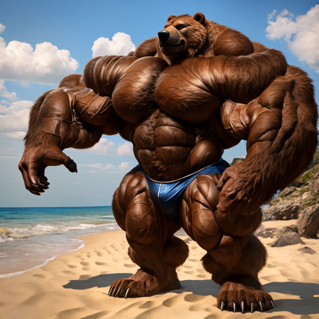 beach, extremely huge muscular, massive muscular, full-body, well-muscled grizzly bear. ((Huge thick brown fur, extremely muscle size, super thick arms, huge pec, extremely wide pectoral , huge arms)). and add details to make it attractive and interesting. Add textures and details to make the image more realistic, such as the appearance of the body texture and the appearance of the brown fur. Make sure the resulting image is high resolution, 8K quality."
