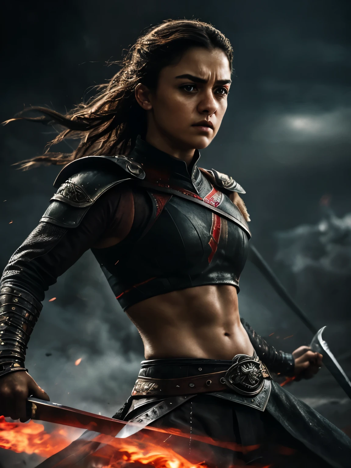 (best quality,4k,8k,highres,masterpiece:1.2),ultra-detailed,(realistic,photorealistic,photo-realistic:1.37),sword-wielding,ferocious,brave warrior,girl with a brave and determined expression,Arya Stark from Game of Thrones,detailed facial features,expressive eyes,sharp nose,fierce eyes,beautiful face,flowing hair,fine clothing and armor, round deep navel,powerful stance,confident posture,misty background,hint of smoke,fierce battle scene,warrior in action,heroic aura,gritty texture,strong contrast,vivid colors,highlights and shadows,stark contrast between light and dark,moody feel,mysterious lighting,dramatic composition,splashes of red and black,dynamic movement,strong presence,unforgettable,portrait of resilience and strength.