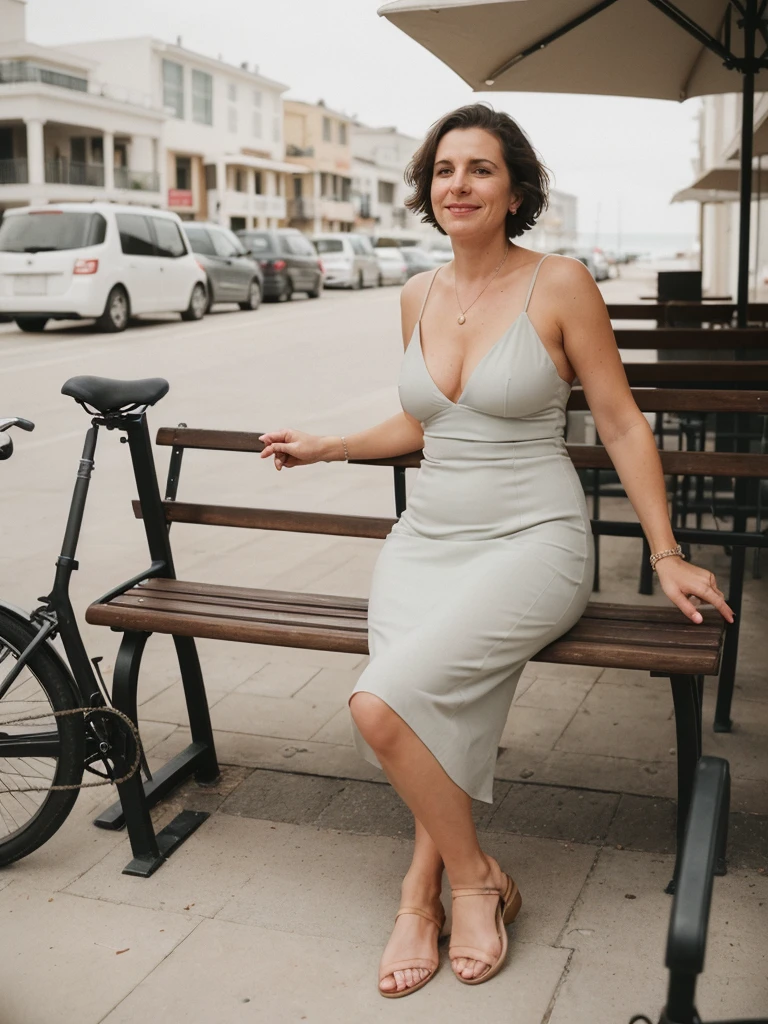1 girl, photorealistic, realistic, her name is Elise, middle age, a 45-year-old woman with gray hair, body of 45-year-old woman, wrinkles on her face and body, Alpine woman, ((dark brown hair, short hair))), smiling, (((she is seated seductively on a bench positioned at a distance from the bustling bicycle stands. She emanates an air of calm contemplation, amidst a backdrop that hints at a blend of urban and serene elements: Her attire is simple yet elegant, consisting of a flowing midi dress in a soft, pastel hue that catches the afternoon light. The fabric gently sways with the breeze, embodying a sense of effortless grace. Complementing her outfit are comfortable flats, perhaps espadrilles or sandals, chosen for both style and practicality. In the background, beyond the bicycle stands, the scene unfolds with a mix of urban elements—pedestrians strolling by, distant chatter from nearby cafes, and the occasional sound of bicycle bells. Yet, where she sits offers a quieter space, a pause amidst the city's rhythm, inviting introspection and a moment of peaceful solitude.))), (((dynamic pose))), ((( she is seductively standing inside a coffee shop near the beach exudes a relaxed yet chic vibe, perfectly blending comfort with style))), cleavage, (((but out)))