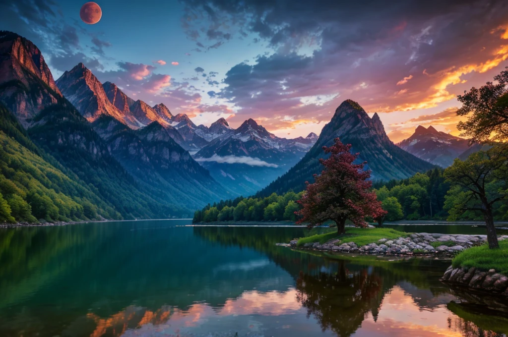 masterpiece, best quality, high quality, Extremely detailed CG Unity 8K wallpaper, landscapes, perfect reflection, stunning water surfaces. outdoor, Sky, cloud, dusk, no humans, castle, Gothic, Mountain, landscape, water, trees, blood moon, waterfall, cliff, nature, lake, river, cloudy Sky, Detail enhancement, Detail enhancement, no defects. Award-winning photography, Bokeh, depth of field, high dynamic range, bloom, Color difference, photorealism, Very detailed, complex, high detail, dramatic, Castlevania,