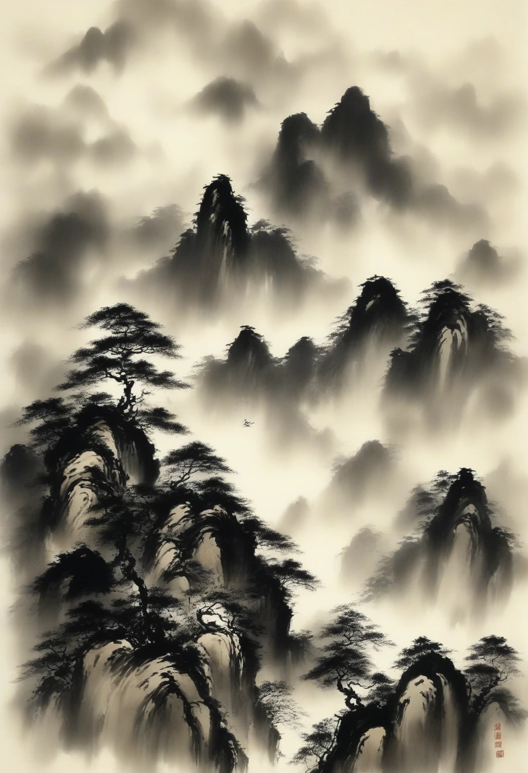 wood々Close-up of a painting of a mountain with clouds, black Ink Painting, Sumi - and, Sumi-e, Shadow. Asian Landscapes, Sumi style, Sumi - and lighting style, Sumi - and art, Inspired by Huang Binhong, Written by Zheng Jiashui, by Luo Mu, Ink Painting, detailed Sumi - and illustration