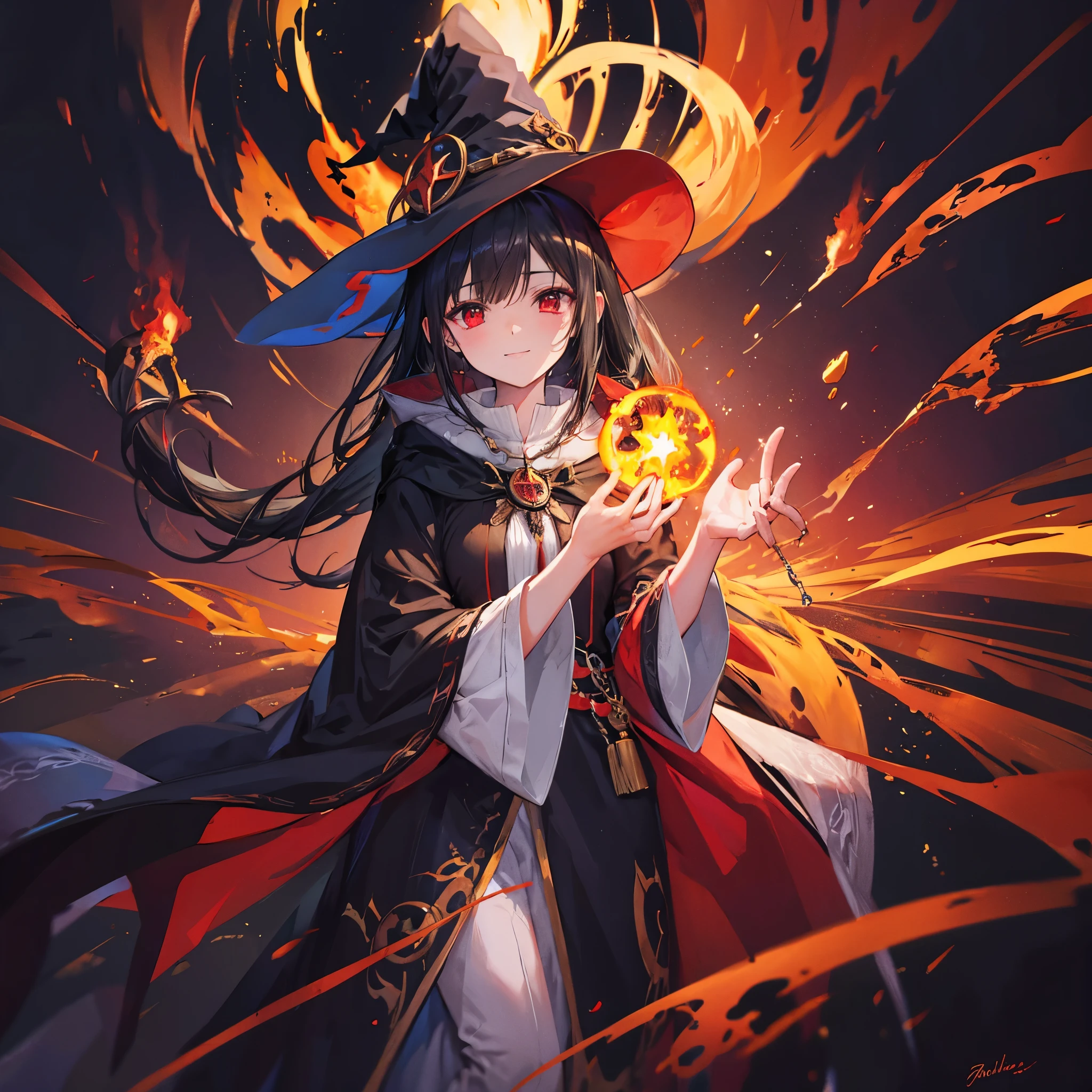 ((((witch　Lock))))　(((wand of flame　grimoire)))　((Black Hair　witchの帽子　Red eyes　smile　Looking down))　((explosion　fire))　(Magic Robe　Black Hole　despair　tears)　incantation　Runes　Shining Background　Shining Edge