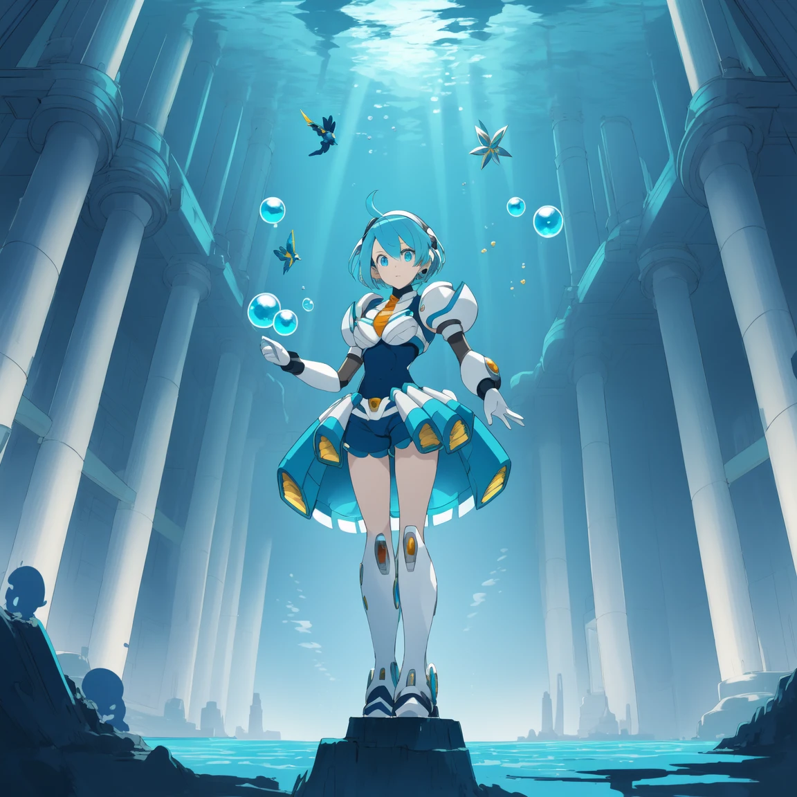 rico_megamanxdive, 1girl, solo, blue eyes, short hair, blue hair, android, high quality, masterpiece, standing in an underwater city with lots of bubbles, in the style of yuumei, intricate architectures, indigo, miniature illumination, daniel f. gerhartz