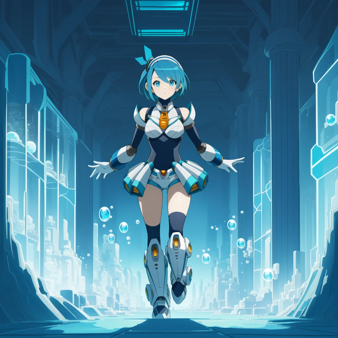 rico_megamanxdive, 1girl, solo, blue eyes, short hair, blue hair, android, high quality, masterpiece, standing in an underwater city with lots of bubbles, in the style of yuumei, intricate architectures, indigo, miniature illumination, daniel f. gerhartz