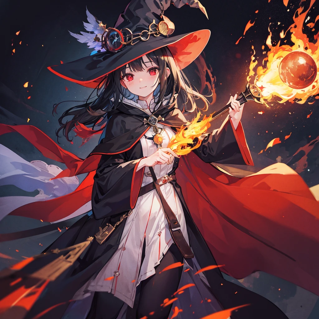 ((((witch　Lock))))　(((wand of flame　grimoire)))　((Black Hair　witchの帽子　Red eyes　smile　Looking down))　((explosion　fire))　(Magic Robe　Black Hole　despair　tears)　incantation　Runes　Shining Background　Shining Edge