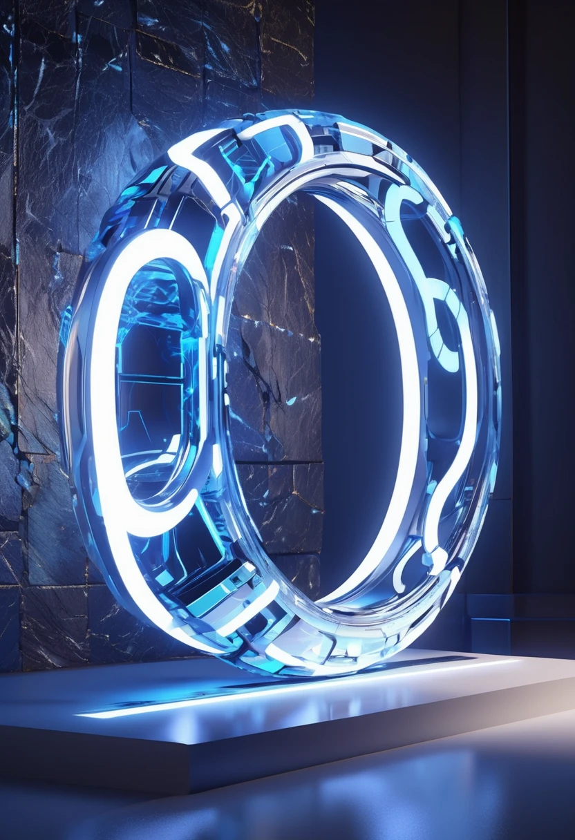 In a striking 3D render, "WALTZ_AI_ART" is boldly inscribed in a luminous marble wall, with italicized letters that seem to dance across the surface. As blue lights pierce through the stone, the words take on an edgy, dark, and cinematic quality, evoking a sense of high-tech futurism. The 3D model is vibrant and exaggerated, with a Pixar-inspired sheen, crafted using the Unreal Engine, Octane Engine, and V-Ray. The ring light adds a dynamic glow, infusing the overall aesthetic with an air of excitement and wonder.