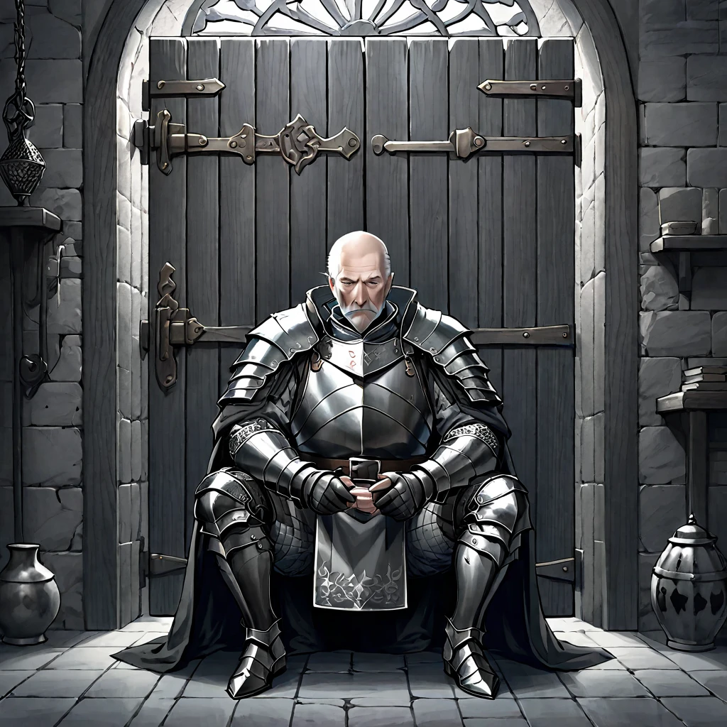 A middle-aged man，Occupation: Prison Warden，Wearing gray-black cloth armor（European medieval style），Sitting leisurely in front of the cell door，Holding a bunch of keys in his hand。Line drawing style，Suspenseful dark style。