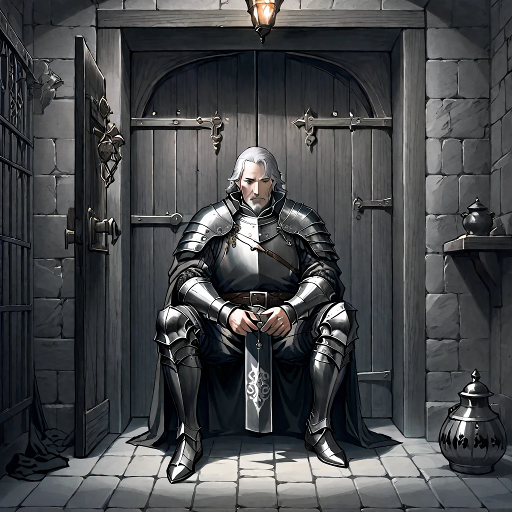 A middle-aged man，Occupation: Prison Warden，Wearing gray-black cloth armor（European medieval style），Sitting leisurely in front of the cell door，Holding a bunch of keys in his hand。Line drawing style，Suspenseful dark style。