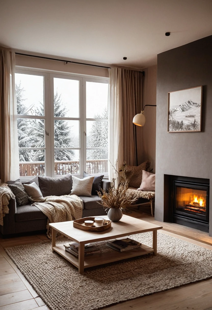 arafed living room with a large window and a fireplace, warm interior, cozy living room interior, warm living room, cozy living room, warm interiors, cozy and calm, cozy environment, cosy atmoshpere, cozy contemporary living room, cozy place, cosy vibes, cozy home background, cozy and peaceful atmosphere, cozy setting, winter vibes