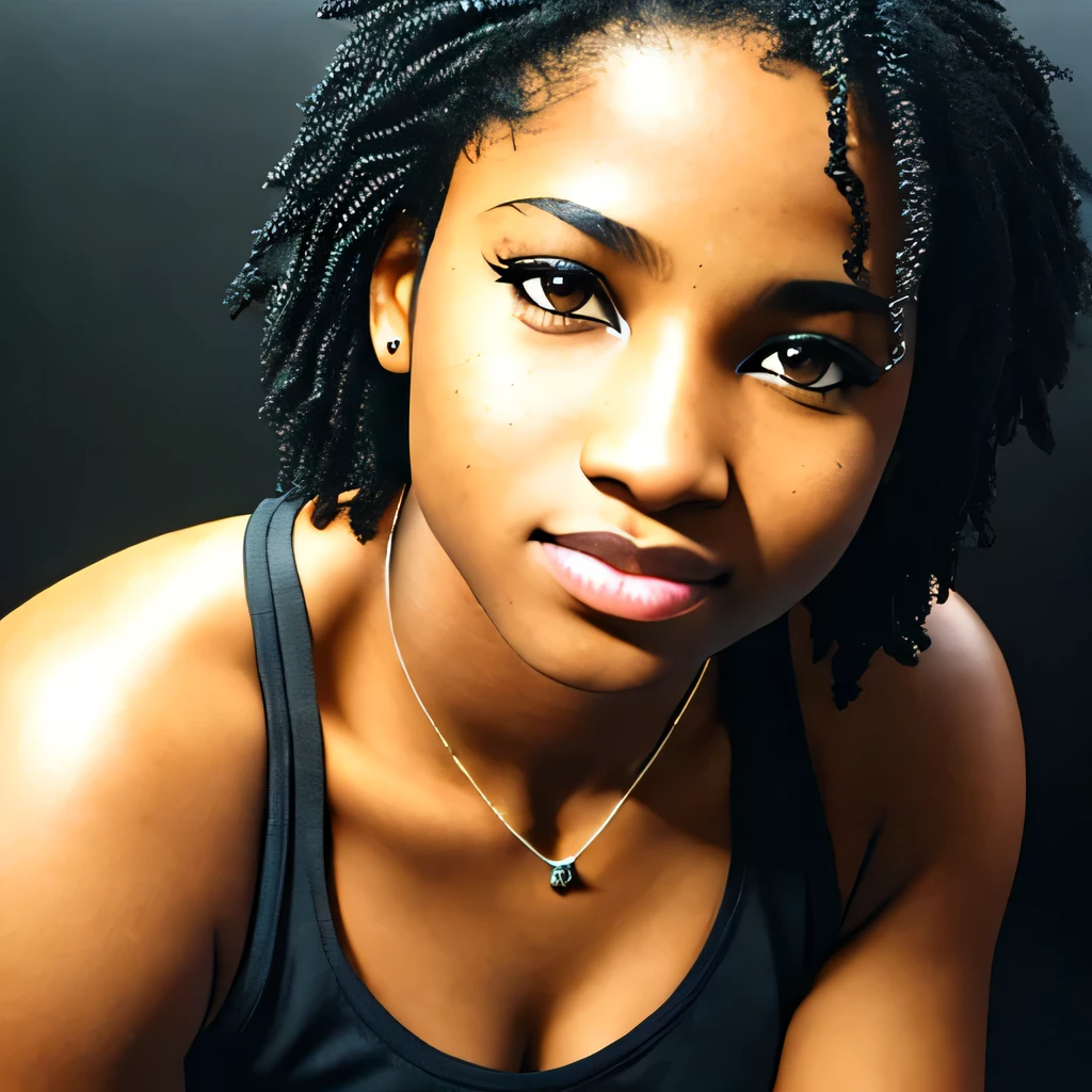 blkmndy, aggression, black light skin female, flirting with the camera, natural skin texture, hyper realism soft light, close up portrait photo by Annie Leibovitz, film, studio lighting, detailed skin, ultra realistic, bokeh, sharp features, full body photo, head to toe, tank top