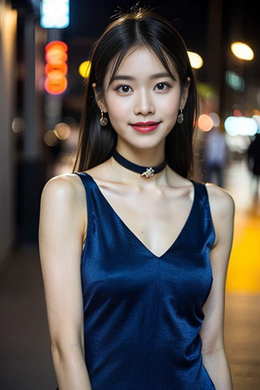 8K, masterpiece, RAW Photos, Highest quality, detailed:1.2),Realistic, Extremely detaileded CG unifies 8K, 8K, diamond, wallpaper, Written boundary depth, Cinematic Light, Lens flare, Ray Tracing, (Very beautiful face, Beautiful Lips, Beautiful Eyes), intricate detailed face, ((ultra detaileded skin)) One Girl, Deep Shadow, Cute Korean Girl, K-POPアイドル,(Very slim and slender muscular body:1.3), ((Viewer Display)),(Big smile), (Bodycon mini dress), (White Dress), (Injection Sleeve) , Background city night, (Neon Signs), Cute Korean Girl, Earrings, Bangles, necklace, pantyhose, Clear Eyes, walk , (Pale skin), look forward to, (Big eyes), ((Upper Body Shot)), Bodycon mini dress, Silk mini dress , Synthwave Color Dress, Black Choker, Turn back, Side Shot, slim, Healthy Thighs, Thigh Gap