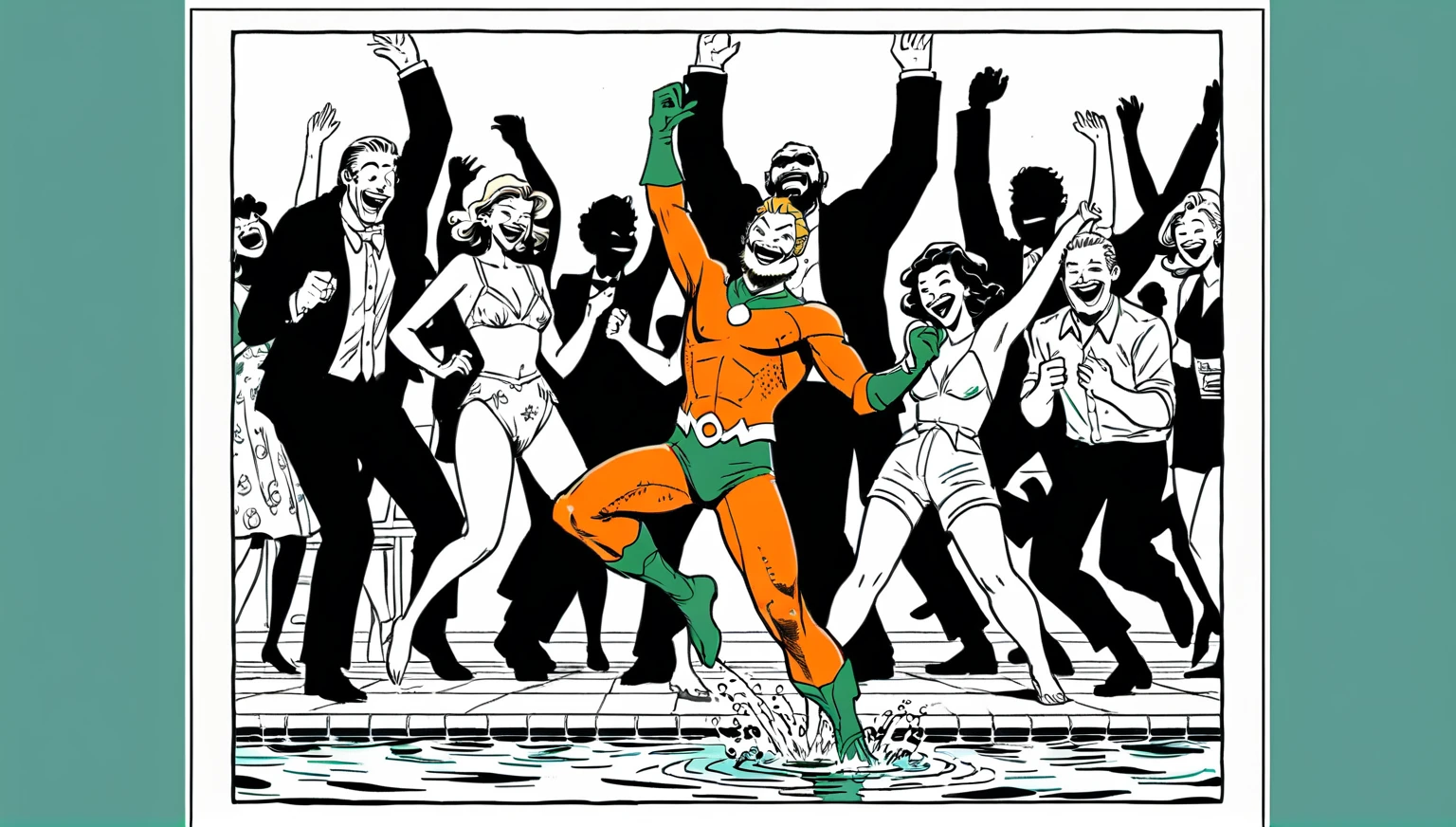 Line drawing, sketch, expressive, ink figure of Aquaman (vintage orange and green suit) dancing at a pool , overjoyed. The style should be simple and minimal. clearly standing in shallow end of pool, everyone is maximal over excited to be at prestigious pool , wide large smiles, cackling, 
