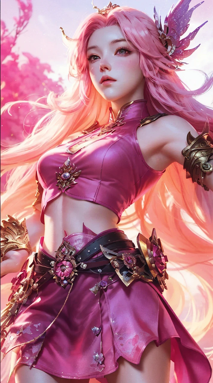 “Woman, long curly hair, pink hair, blue eyes, elf, sword, Combat equipment, combat stance