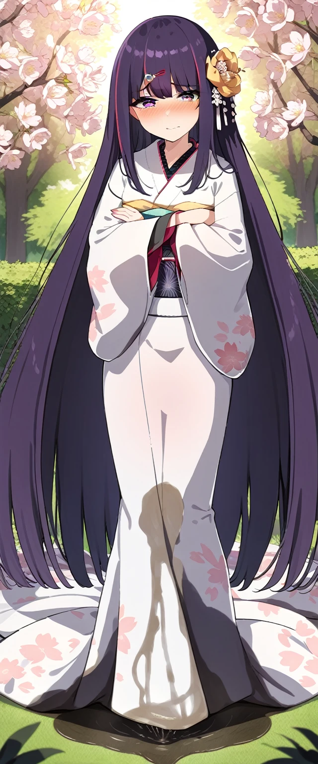 (masterpiece:1.37), best quality, (extremely detailed:1.37), (1girl:1.5), woman, (mature:1.5), (adult:1.5), large breasts, very long hair, (straight hair:1.5), (very dark purple hair:1.5), purple eyes, (extremely detailed eyes:1.37), (furisode:2.0), desperation, (wetting self:1.5), standing, (crossed arms:1.5), embarrassed, humiliation, blushing, angry, cherry blossoms, garden, (golden hour:1.5), full body