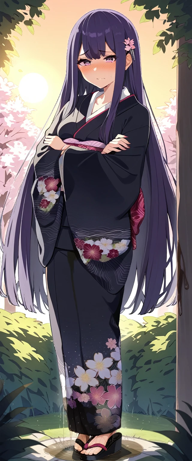 (masterpiece:1.37), best quality, (extremely detailed:1.37), (1girl:1.5), woman, (mature:1.5), (adult:1.5), large breasts, very long hair, (straight hair:1.5), (very dark purple hair:1.5), purple eyes, (extremely detailed eyes:1.37), (furisode:2.0), desperation, (wetting self:1.5), standing, (crossed arms:1.5), embarrassed, humiliation, blushing, angry, cherry blossoms, garden, (golden hour:1.5), full body