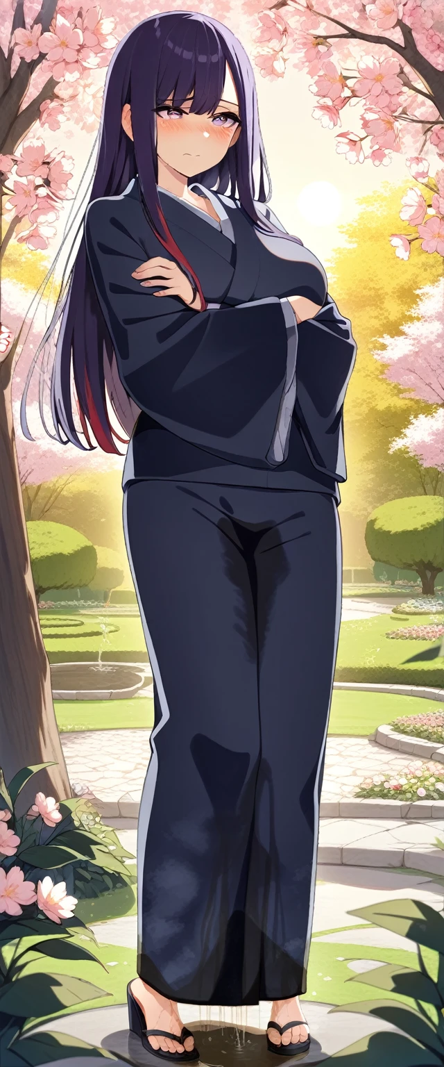 (masterpiece:1.37), best quality, (extremely detailed:1.37), (1girl:1.5), woman, (mature:1.5), (adult:1.5), large breasts, very long hair, (straight hair:1.5), (very dark purple hair:1.5), purple eyes, (extremely detailed eyes:1.37), (furisode:2.0), desperation, (wetting self:1.5), standing, (crossed arms:1.5), embarrassed, humiliation, blushing, angry, cherry blossoms, garden, (golden hour:1.5), full body