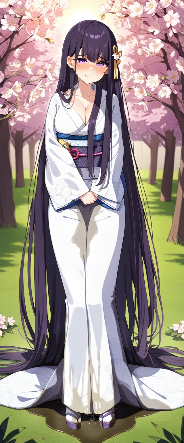 (masterpiece:1.37), best quality, (extremely detailed:1.37), (1girl:1.5), woman, (mature:1.5), (adult:1.5), large breasts, very long hair, (straight hair:1.5), (very dark purple hair:1.5), purple eyes, (extremely detailed eyes:1.37), (furisode:2.0), desperation, (wetting self:1.5), standing, (crossed arms:1.5), embarrassed, humiliation, blushing, angry, cherry blossoms, garden, (golden hour:1.5), full body