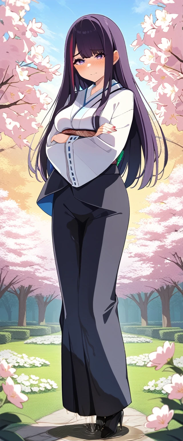 (masterpiece:1.37), best quality, (extremely detailed:1.37), (1girl:1.5), woman, (mature:1.5), (adult:1.5), large breasts, very long hair, (straight hair:1.5), (very dark purple hair:1.5), purple eyes, (extremely detailed eyes:1.37), (furisode:2.0), desperation, (wetting self:1.5), standing, (crossed arms:1.5), embarrassed, humiliation, blushing, angry, cherry blossoms, garden, (golden hour:1.5), full body