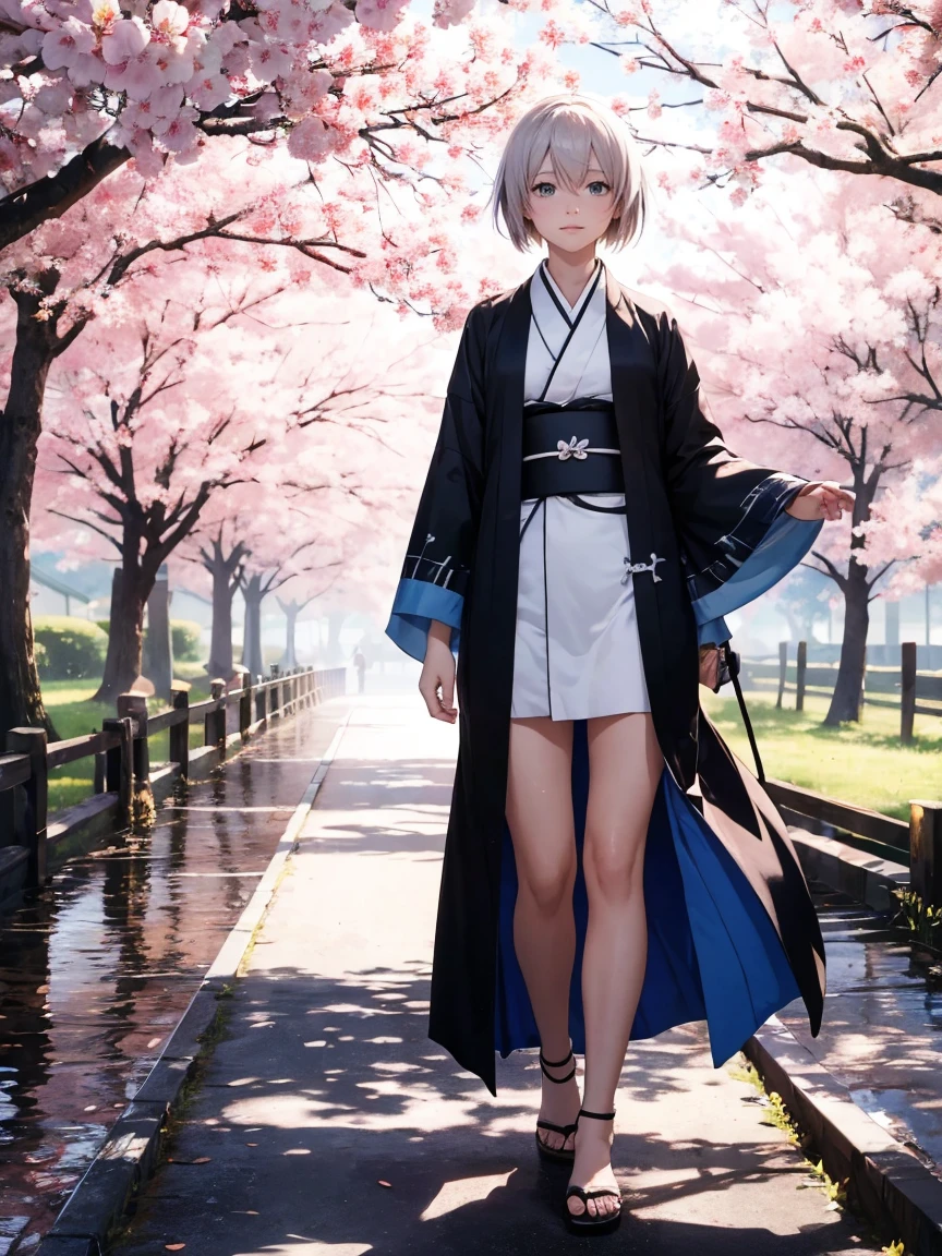 {Extremely detailed 8K wallpaper}, {Masterpiece}, {Best Quality}，Alone，full body shot，Okita Souji，short hair, kimono，celestial haori. cherry tree