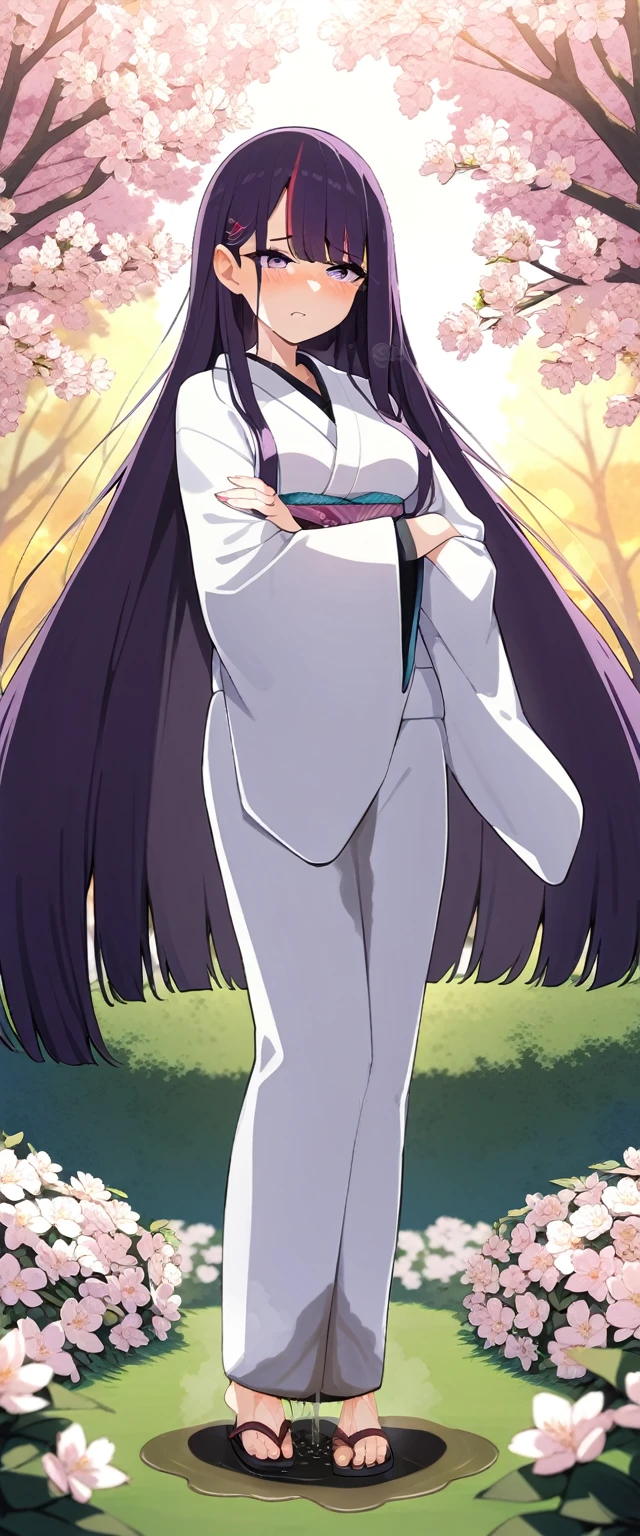 (masterpiece:1.37), best quality, (extremely detailed:1.37), (1girl:1.5), woman, (mature:1.5), (adult:1.5), large breasts, very long hair, (straight hair:1.5), (very dark purple hair:1.5), purple eyes, (extremely detailed eyes:1.37), (furisode:2.0), desperation, (wetting self:1.5), standing, (crossed arms:1.5), embarrassed, humiliation, blushing, angry, cherry blossoms, garden, (golden hour:1.5), full body