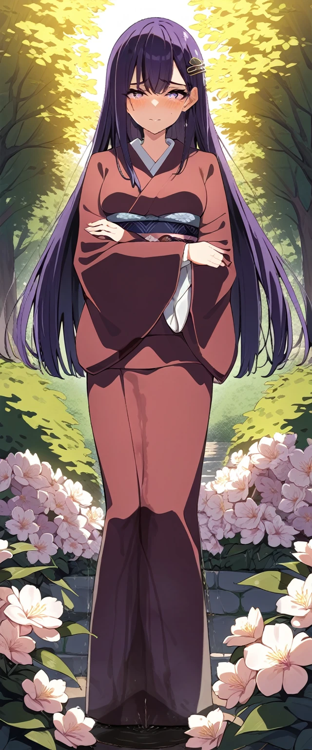 (masterpiece:1.37), best quality, (extremely detailed:1.37), (1girl:1.5), woman, (mature:1.5), (adult:1.5), large breasts, very long hair, (straight hair:1.5), (very dark purple hair:1.5), purple eyes, (extremely detailed eyes:1.37), (furisode:2.0), desperation, (wetting self:1.5), standing, (crossed arms:1.5), embarrassed, humiliation, blushing, angry, cherry blossoms, garden, (golden hour:1.5), full body