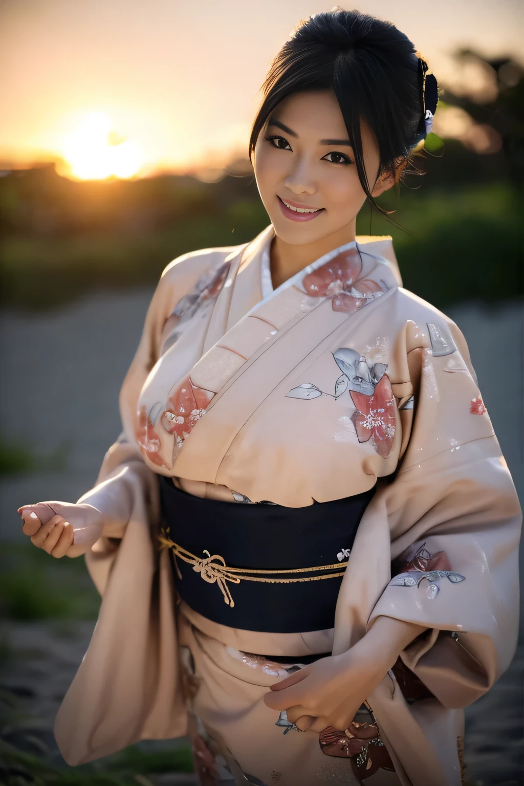 masterpiece, best quality, ultra quality, high quality, realistic, photo realistic, warm lighting,natural lighting,cinematic lighting,RAW photo, hyper detailed, intricate detailed, perfect anatomy, Fujifilm XT3,(cowboy shot),1 woman, Japanese beautiful woman,babyface,black long straight hair,
(yukata,japanese clothes,obi, sash, floral print, obijime),(large breasts:1.2),(slender body:1.2),sweaty, closed mouth, tan skin,sunburn tanline,smile,black eyes,looking at viewer,(beach),(sunset),