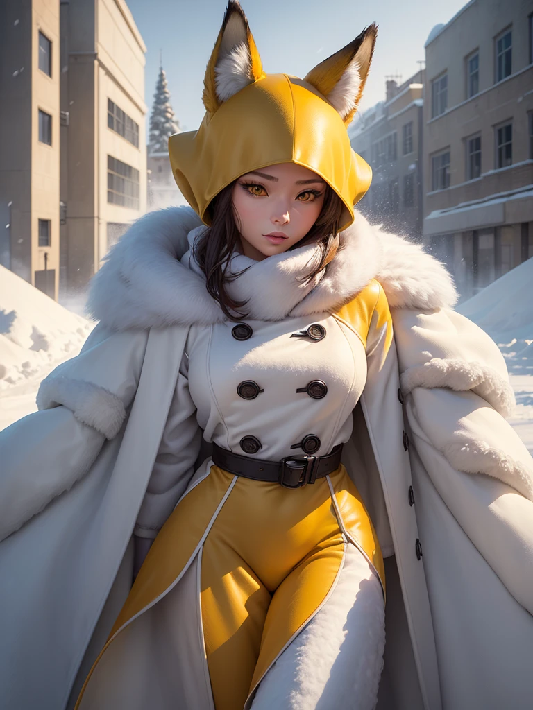 ((realisitic)), ((detailded)), illustration, perspective of the scene (urban environment), Character appearance (yellow skin, fox head and humanoid body wearing an elegant coat, in the middle of a snowy morning with an imposing air), Background Elements (Snow field in winter).
