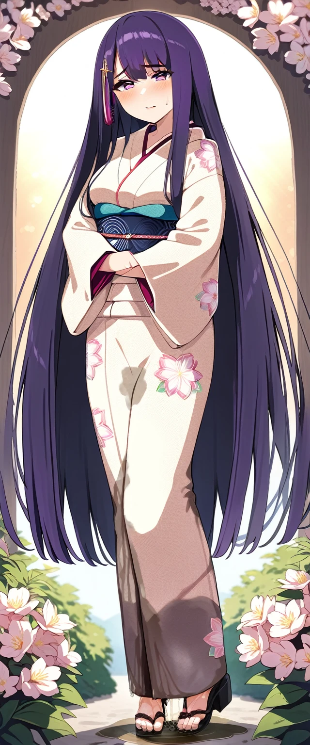 (masterpiece:1.37), best quality, (extremely detailed:1.37), (1girl:1.5), woman, (mature:1.5), (adult:1.5), large breasts, very long hair, (straight hair:1.5), (very dark purple hair:1.5), purple eyes, (extremely detailed eyes:1.37), (furisode:2.0), desperation, (wetting self:2.0), standing, embarrassed, humiliation, blushing, angry, cherry blossoms, garden, (golden hour:1.5), full body