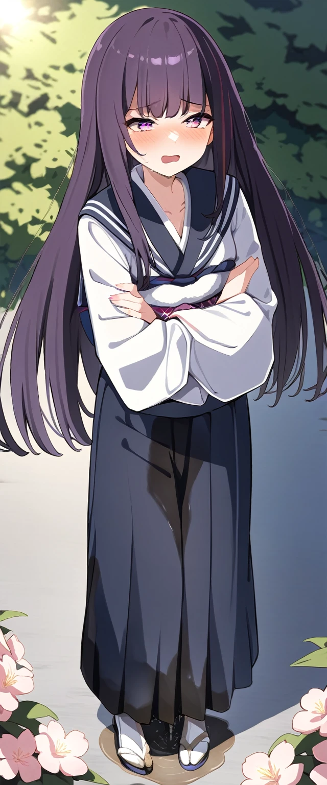 (masterpiece:1.37), best quality, (extremely detailed:1.37), (1girl:1.5), woman, (mature:1.5), (adult:1.5), large breasts, very long hair, (straight hair:1.5), (very dark purple hair:1.5), purple eyes, (extremely detailed eyes:1.37), (furisode:2.0), desperation, (wetting self:1.5), standing, (crossed arms:1.5), embarrassed, humiliation, blushing, angry, cherry blossoms, garden, (golden hour:1.5), full body