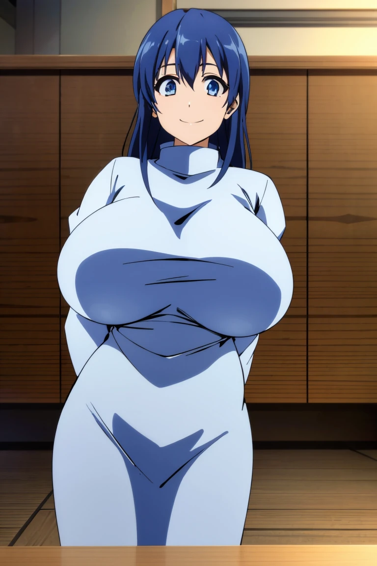 Mesa, Best Quality,1 girl in, (Alone:1.3),blue hair color、wide、(huge breasts:1),a smile