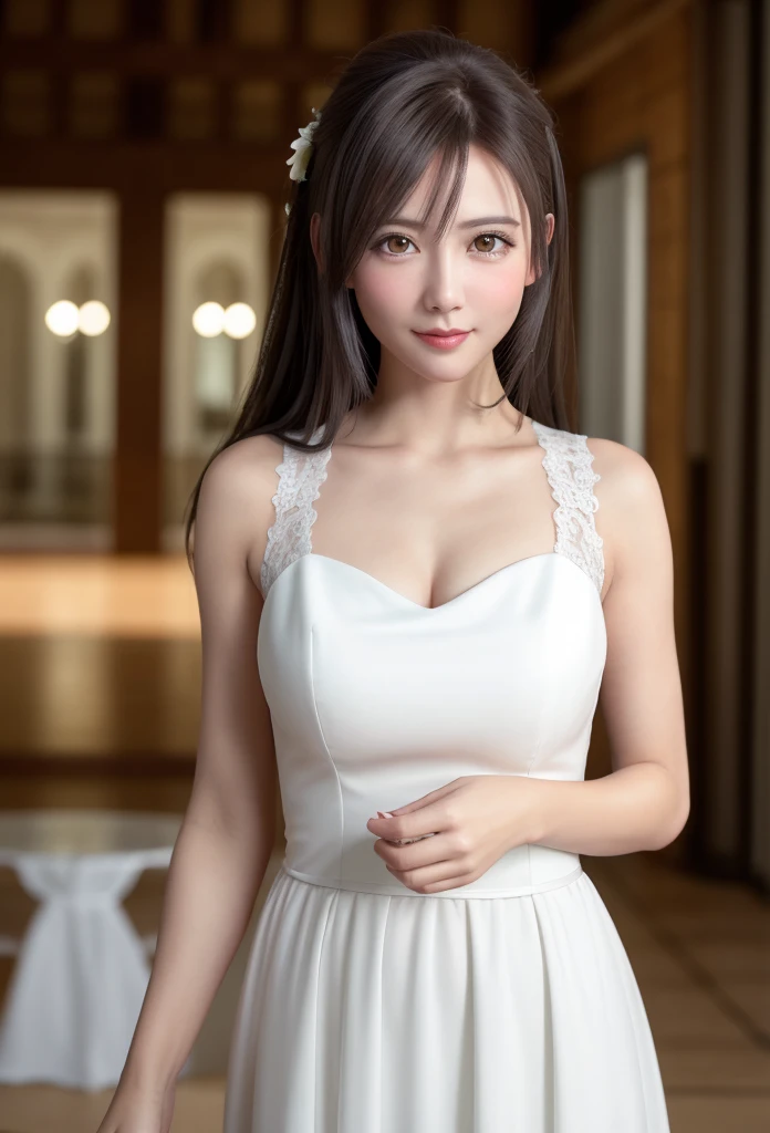 (8K, RAW Photos, Tabletop:1.3), (Realistic, Photorealistic:1.37), (night), (View your viewers:1.331), (Gray Hair), Pause, Wedding venue background, Soft Light, One Girl, Very beautiful face, bust, Put your hands down, Random hairstyle, The best smile, Big eyes, Lower abdomen, (Hmph_White Wedding Dress), Hmph_style,Mix 4., Highest quality
