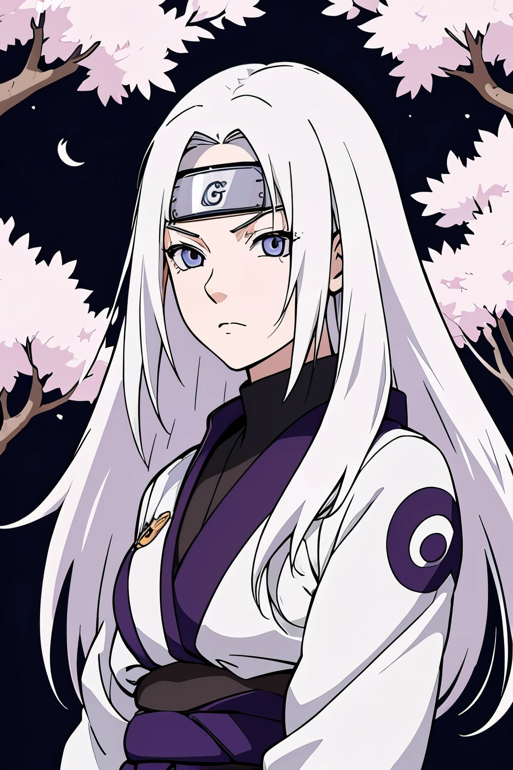 (high-quality, breathtaking),(expressive eyes, perfect face) portrait, Symmetrical Eyes, 1girl, solo, white hair, white coloured eyes, anime naruto art style, medium length hair, fluffy hair, feminine face, sky, moon, konohavillage, alleyway, naruto background, stars, cherry blossom trees, hyuga, Ōtsutsuki, naruto ninja attire, neutral expression, soft smile, purple and black clothing, white trim, long sleeves, white dress, hair between eyes, bare shoulders, jacket, night time
