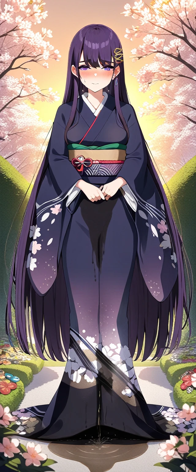 (masterpiece:1.37), best quality, (extremely detailed:1.37), (1girl:1.5), woman, (mature:1.5), (adult:1.5), large breasts, very long hair, (straight hair:1.5), (very dark purple hair:1.5), purple eyes, (extremely detailed eyes:1.37), (furisode:2.0), desperation, (wetting self:1.5), standing, embarrassed, humiliation, blushing, angry, cherry blossoms, garden, (golden hour:1.5), full body