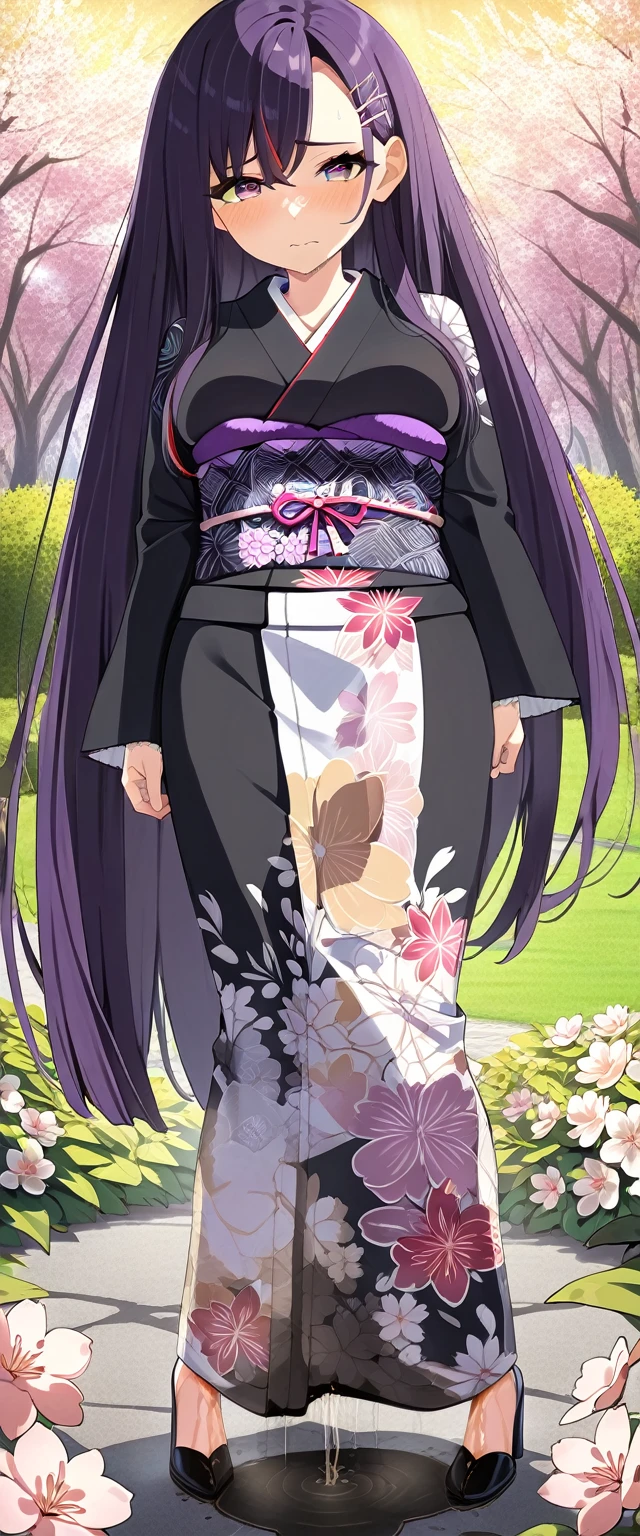 (masterpiece:1.37), best quality, (extremely detailed:1.37), (1girl:1.5), woman, (mature:1.5), (adult:1.5), large breasts, very long hair, (straight hair:1.5), (very dark purple hair:1.5), purple eyes, (extremely detailed eyes:1.37), (furisode:2.0), desperation, (wetting self:1.5), standing, embarrassed, humiliation, blushing, angry, cherry blossoms, garden, (golden hour:1.5), full body