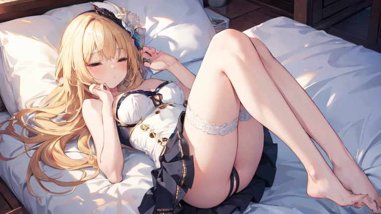 best quality，Super detailed，Perfect limbs，floor、mini skirt，Clothes with intricate details，Bright，Swimsuit，one person，blond，Sexy、Deep sleep、long hair、Stockings