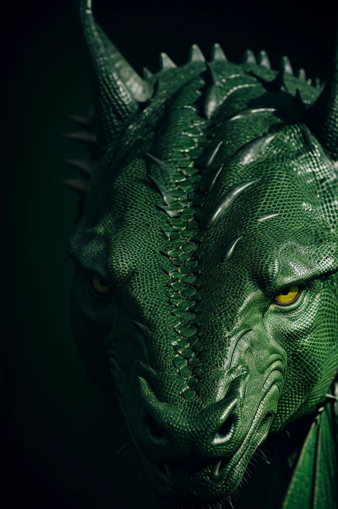 Photograph taken with a d3500 bolt camera of the head of a green dragon with touches of black and with optimal quality