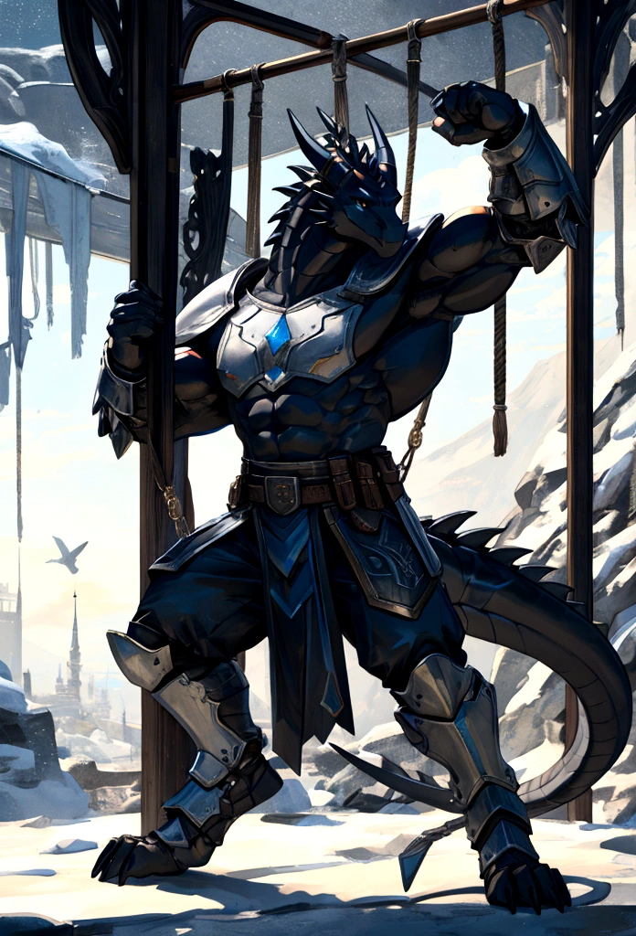 black dragon,Muscular man,armor,high quality,8K,swing of sword,dynamics pose,